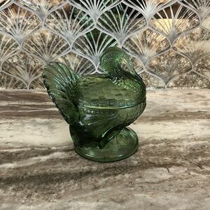 L.E. Smith Green Antique Turkey Lidded Dish